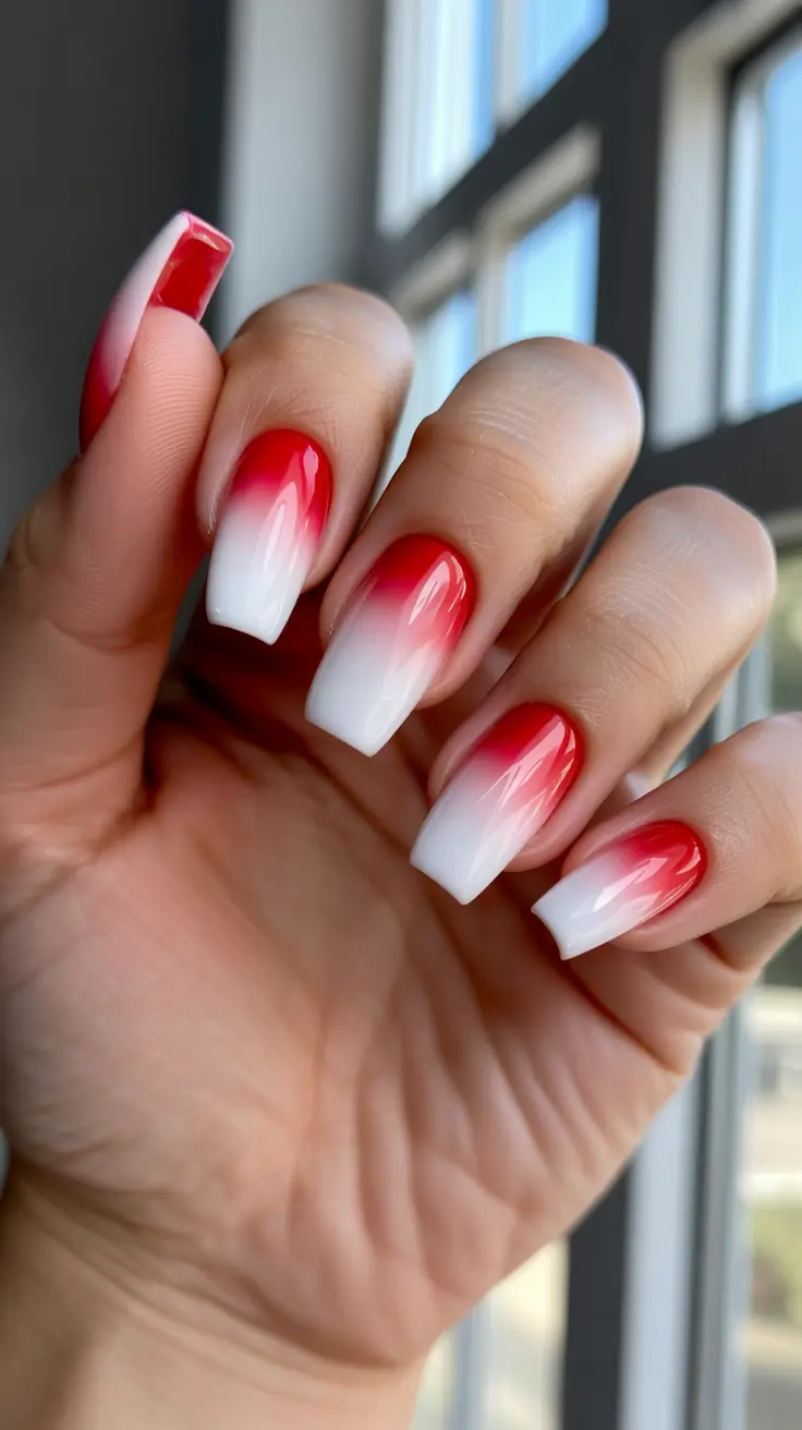 red nails inspiration 2026 - Red To White Ombre Coffin Nails