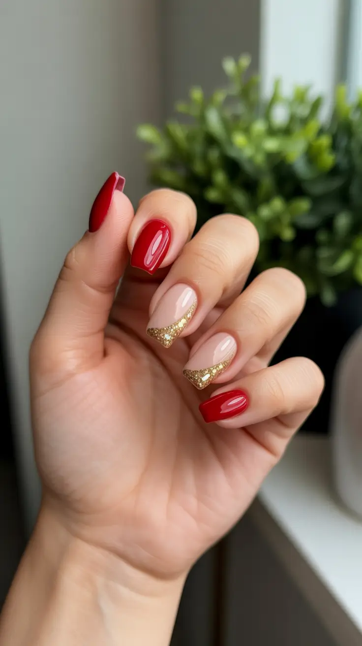 red nails inspiration 2026 - Red And Gold Diagonal Accent Magic