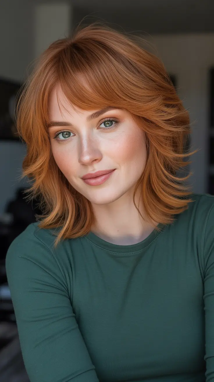 Chic shag haircuts 2026 Soft Copper Shag Bob With Wispy Bangs