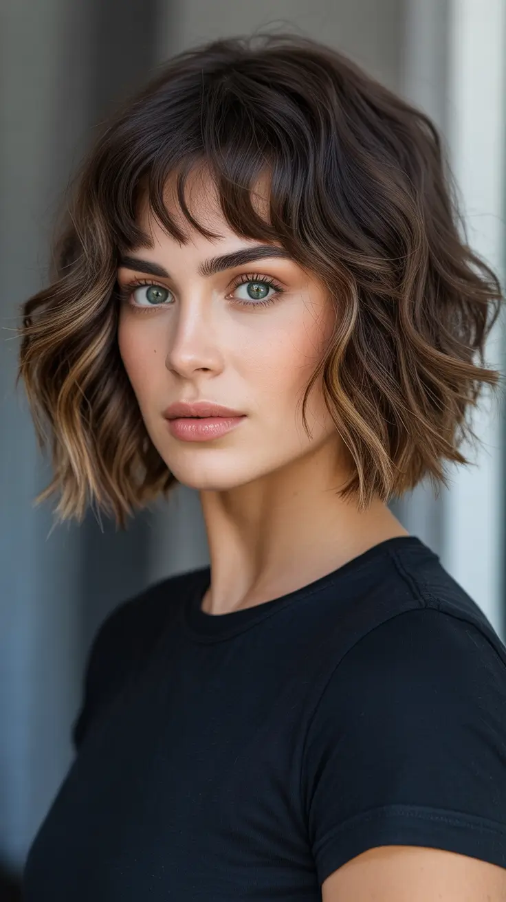 shag haircut - Textured Short Shag Bob With Baby Bangs