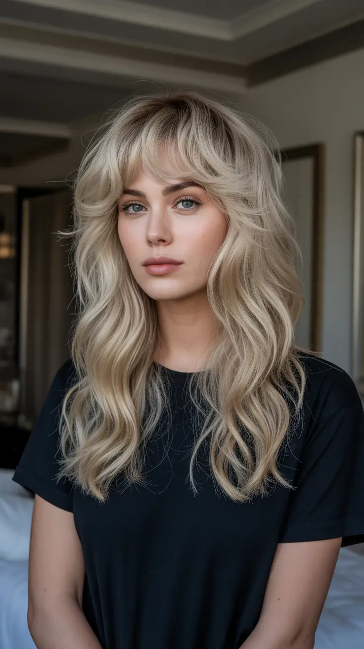 Chic shag haircuts 2026 Blonde Lived In Long Shag With Full Bangs