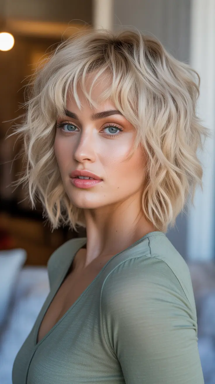 Chic shag haircuts 2026 Textured Platinum Shag Bob With Choppy Bangs