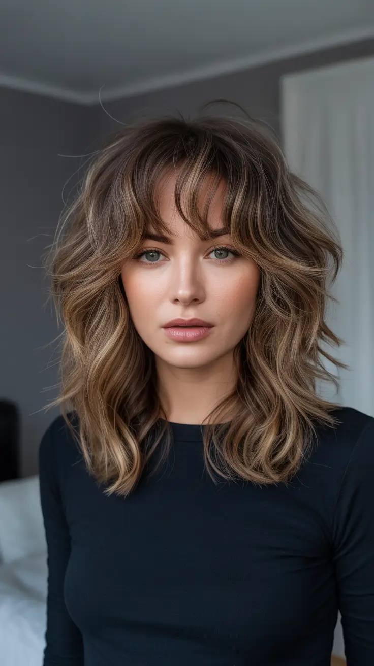 shag haircut - Tousled Shoulder Length Shag With Soft Bangs
