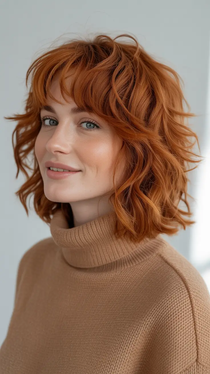 Chic shag haircuts 2026 Curly Copper Shag With Full Fringe