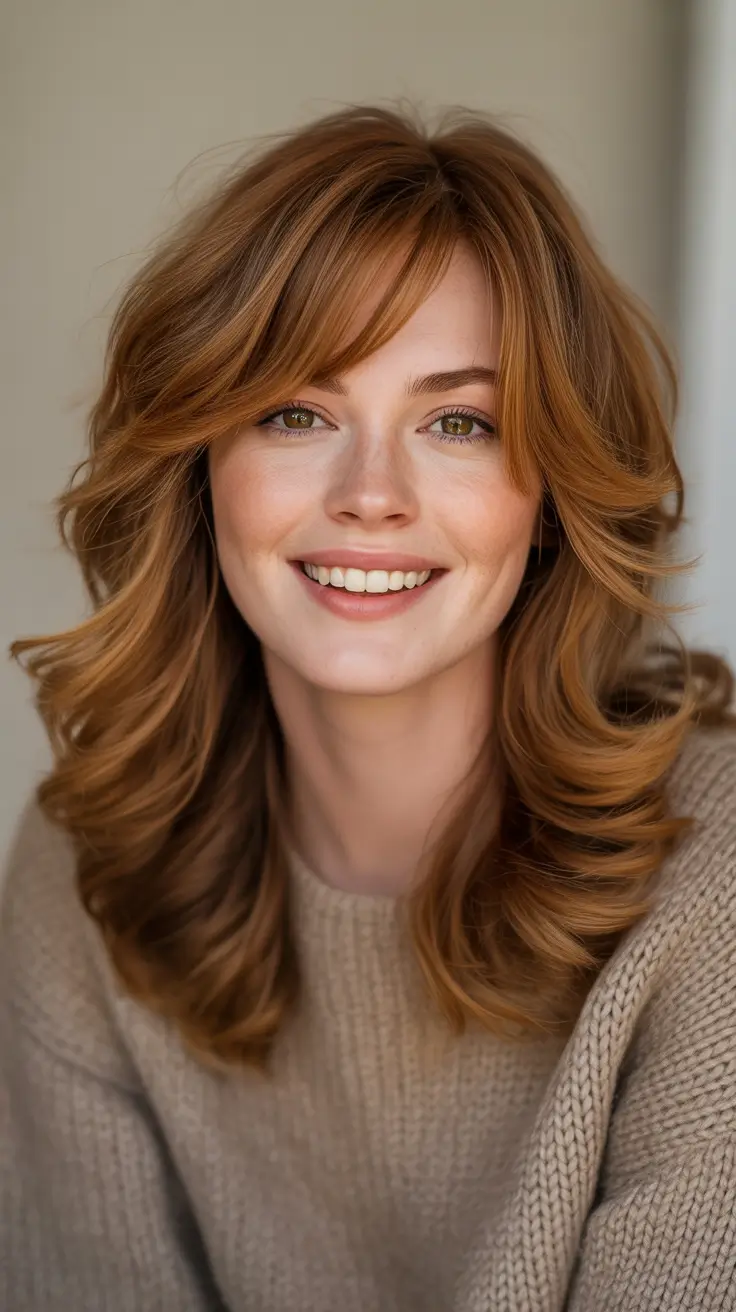 shag haircut - Copper Layered Shag With Curtain Bangs