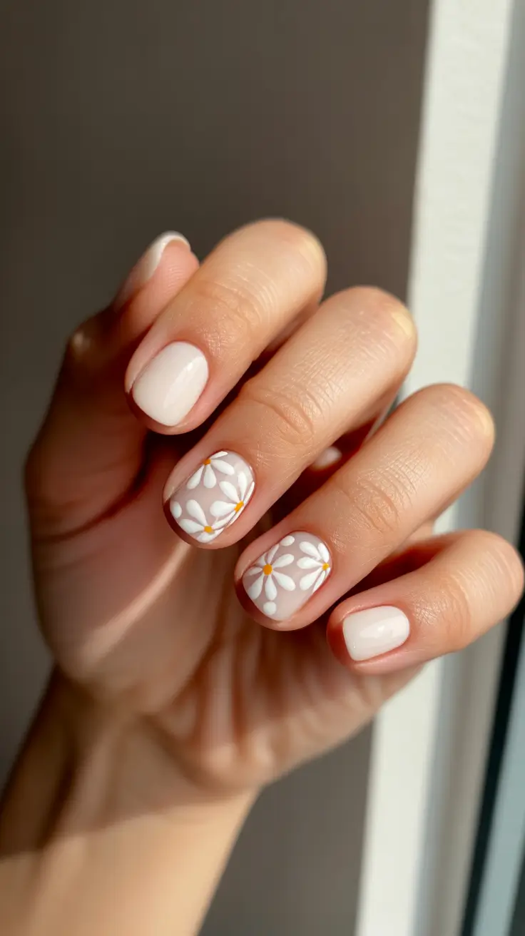 short acrylic nail designs 2026 Clean White Daisies With A Fresh Short Finish