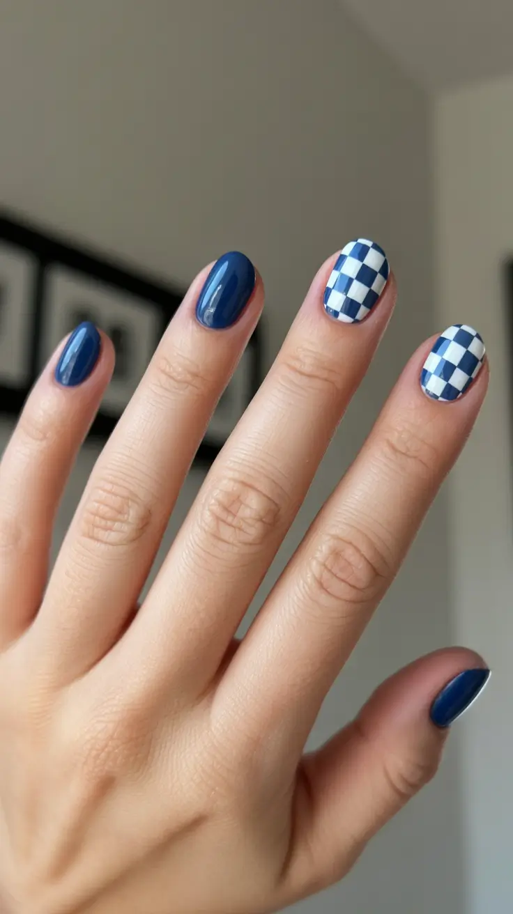 short acrylic nail designs 2026 Blue Checkerboard Energy For A Clean 2026 Refresh