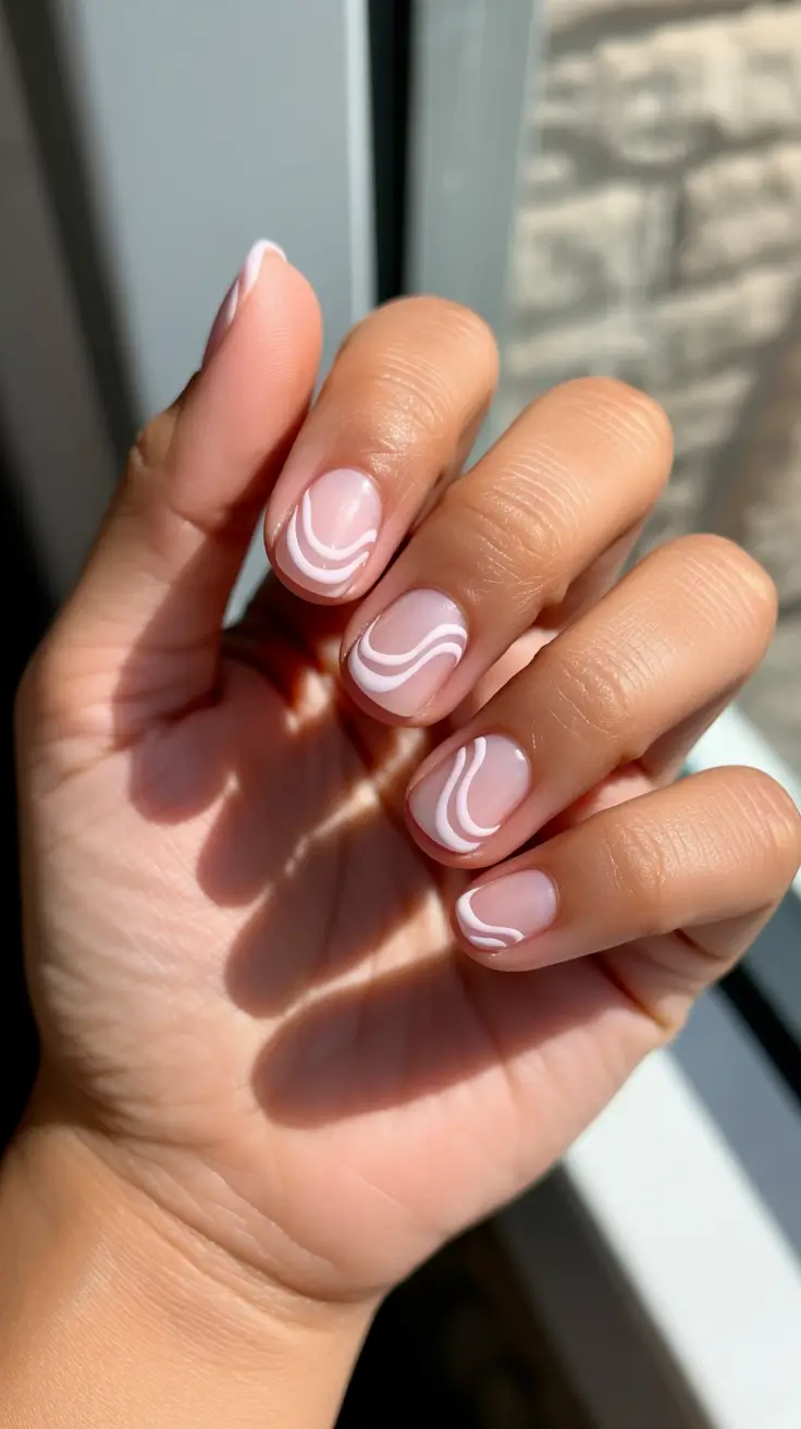 short acrylic nail designs 2026 Pink Swirl Lines For A Soft Minimal Statement
