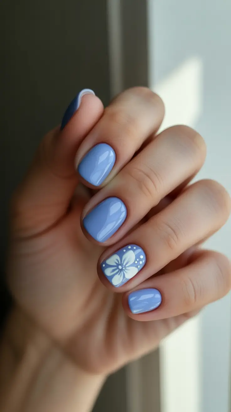short acrylic nail designs 2026 Periwinkle Blue With A Single Flower Moment