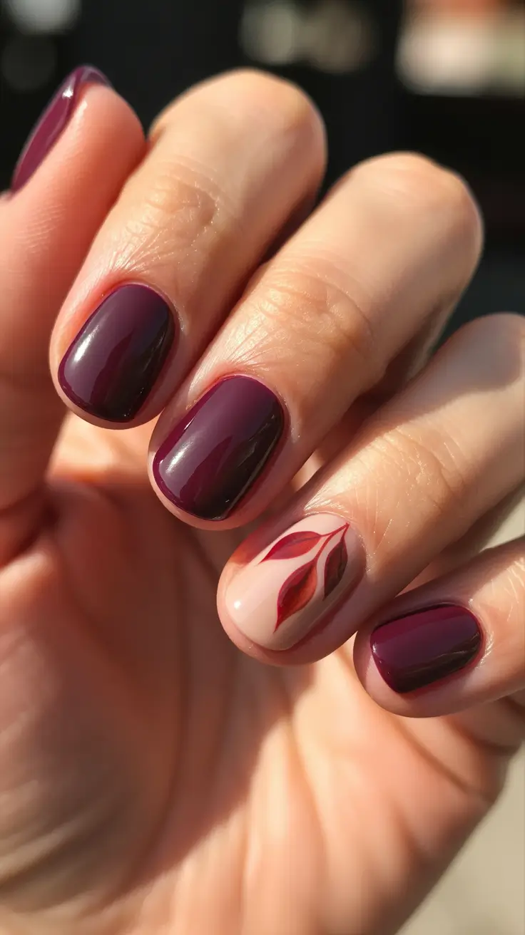 short acrylic nail designs 2026 Merlot Gloss With A Minimal Leaf Accent
