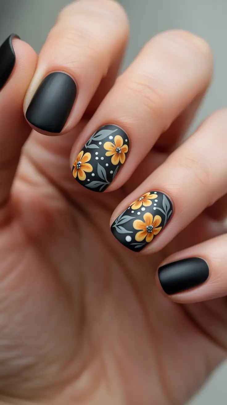 short acrylic nail designs 2026 Soft Matte Black With Golden Meadow Florals