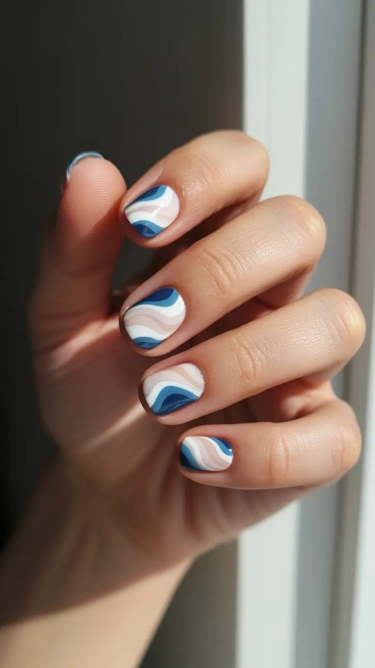 short acrylic nail designs 2026 Ocean Wave Minimalism In Blue And White