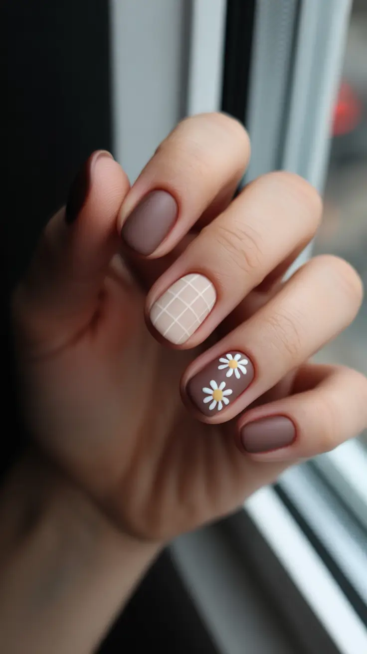 short acrylic nail designs 2026 Soft Cocoa Neutrals With Daisy Details