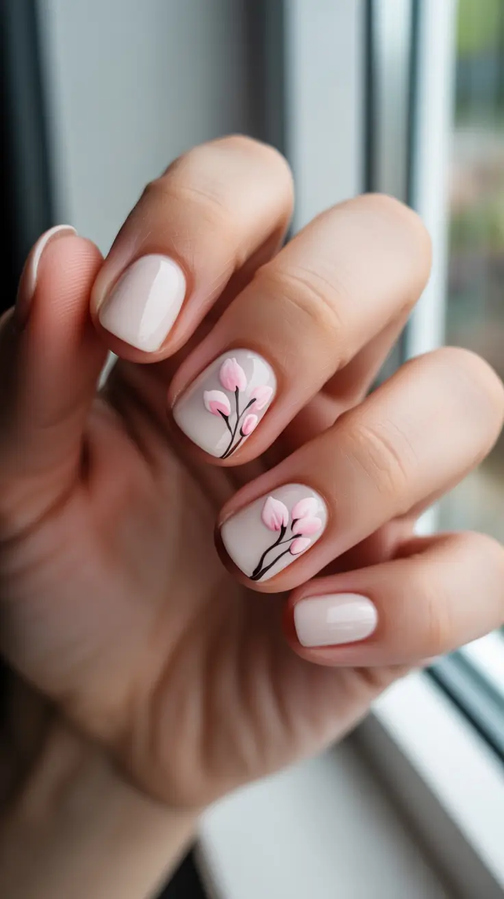 short acrylic nail designs 2026 Soft Blush Blossoms On A Clean Milky Base