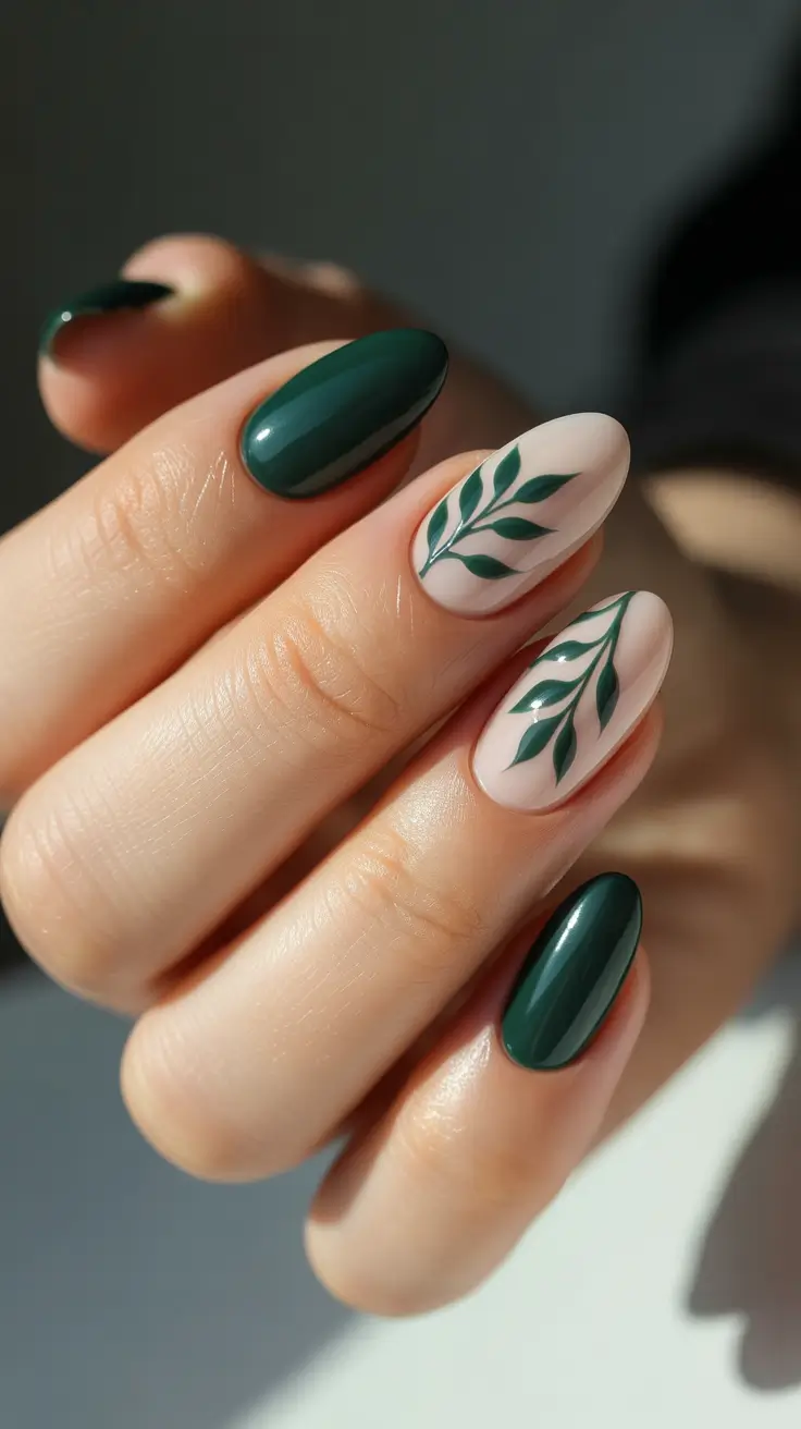elegant short almond nails 2026 Deep Green Nails With Nude Botanical Accents
