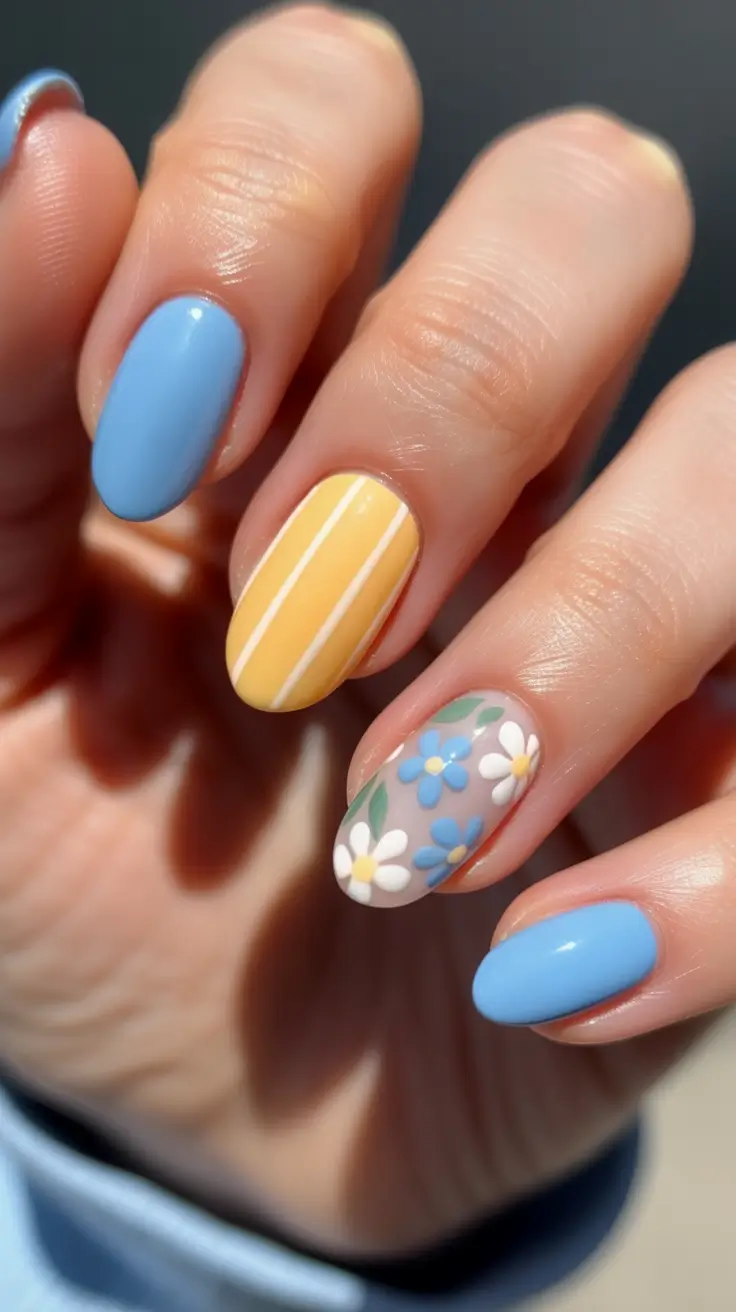 Elegant Short Almond Nails 2026 Powder Blue And Sunny Stripe Set