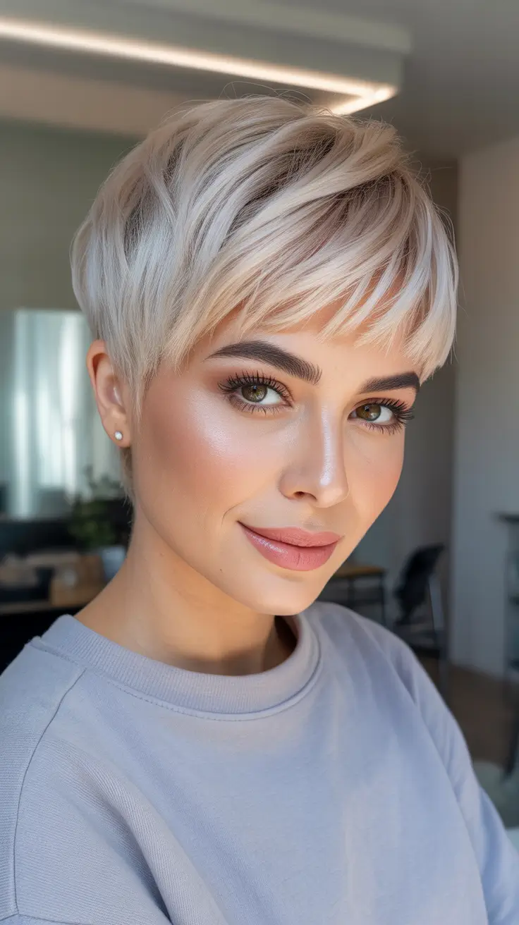 Short haircut ideas 2026 Platinum Pixie With Airy Side Fringe