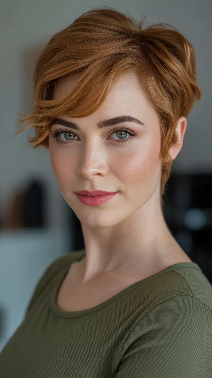 Short haircut ideas 2026 Copper Side-Swept Pixie With Soft Wave