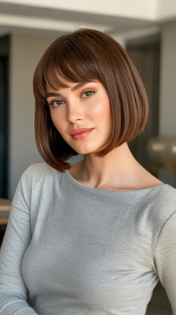 Short Haircut Ideas 2026 - Classic Brunette Bob With Soft Full Fringe