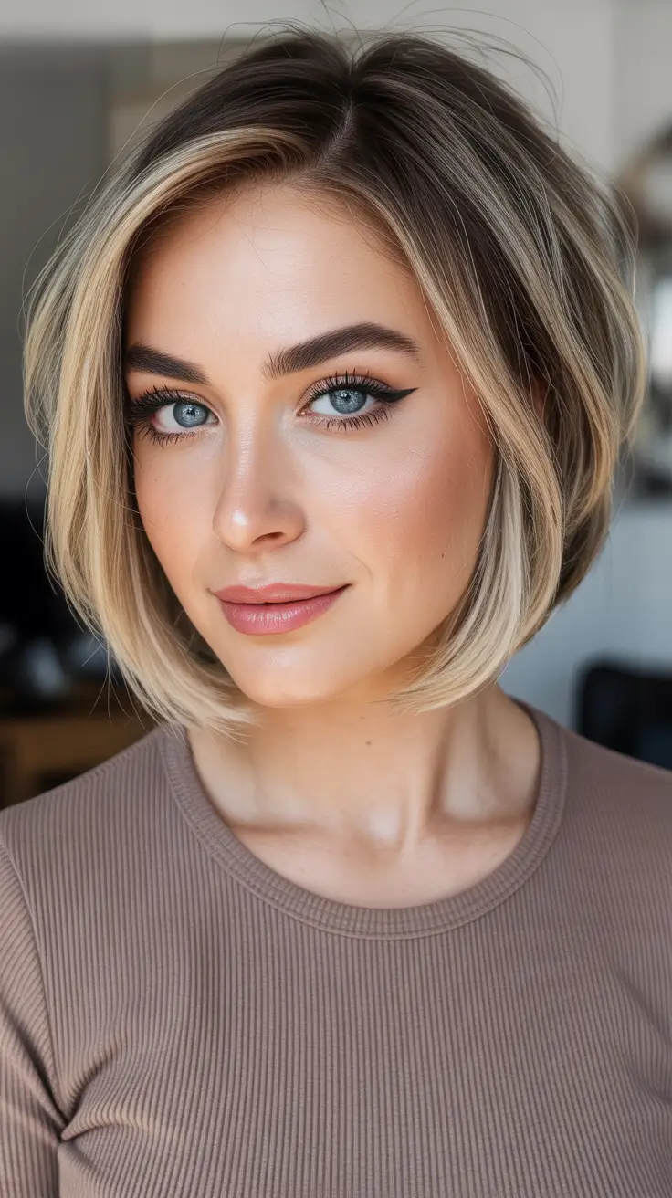 Short Haircut Ideas 2026 - Rooted Blonde Micro Layer Bob With Tucked Ends