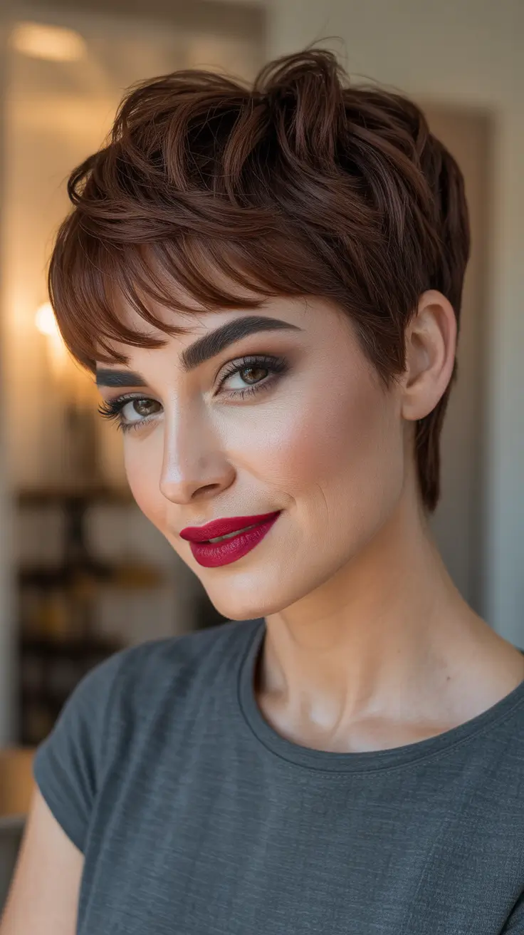 Short haircut ideas 2026 Velvet Brunette Pixie With Feathered Bangs