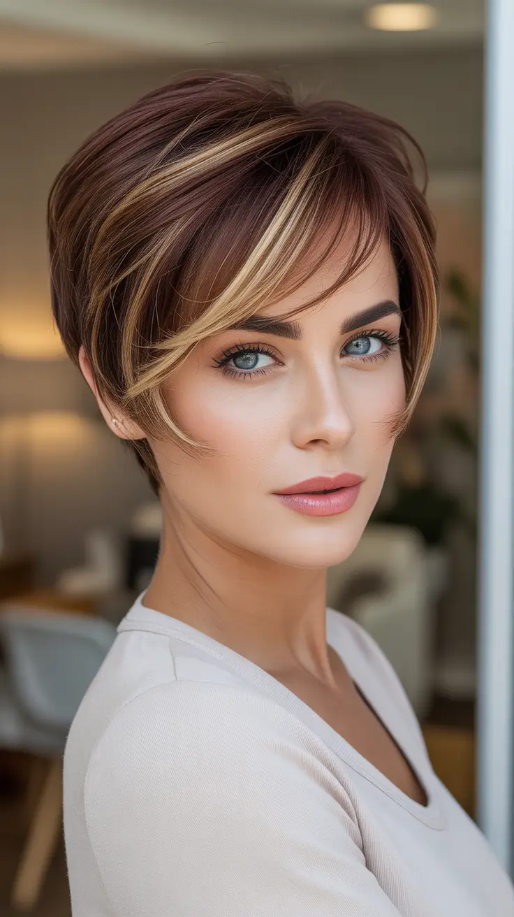Short haircut ideas 2026 Chestnut Pixie Bob With Ribbon Highlights