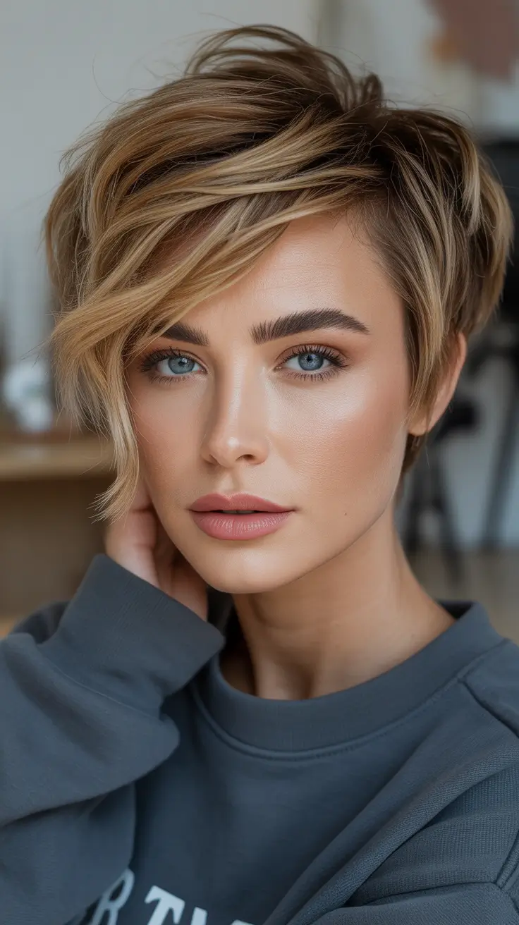 Short haircut ideas 2026 Textured Blonde Pixie With Side Wave Volume