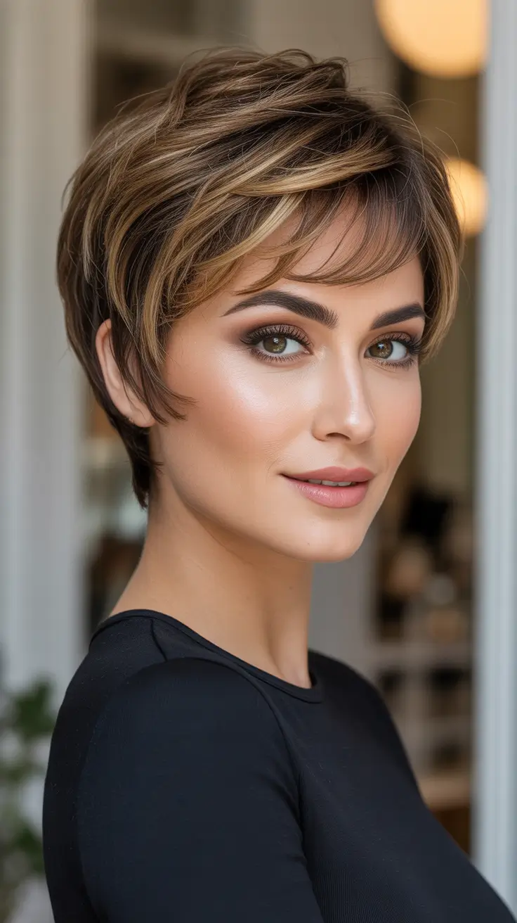 Short haircut ideas 2026 Soft Brunette Pixie With Honey Piecey Bangs