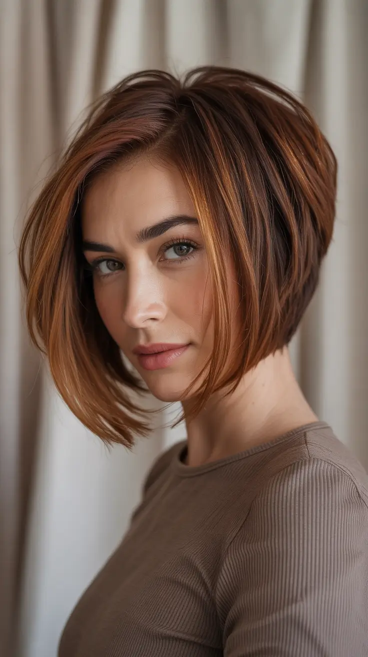 Short haircut ideas 2026 Angled Copper Bob With Sleek Face Framing
