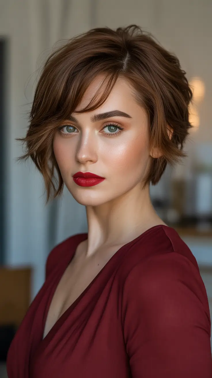 Short haircut ideas 2026 Textured Short Shag With Side-Swept Fringe