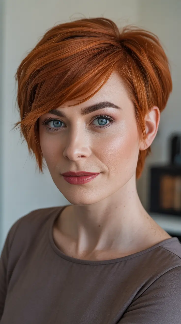 Short haircut ideas 2026 Copper Side-Part Pixie With Sleek Edges