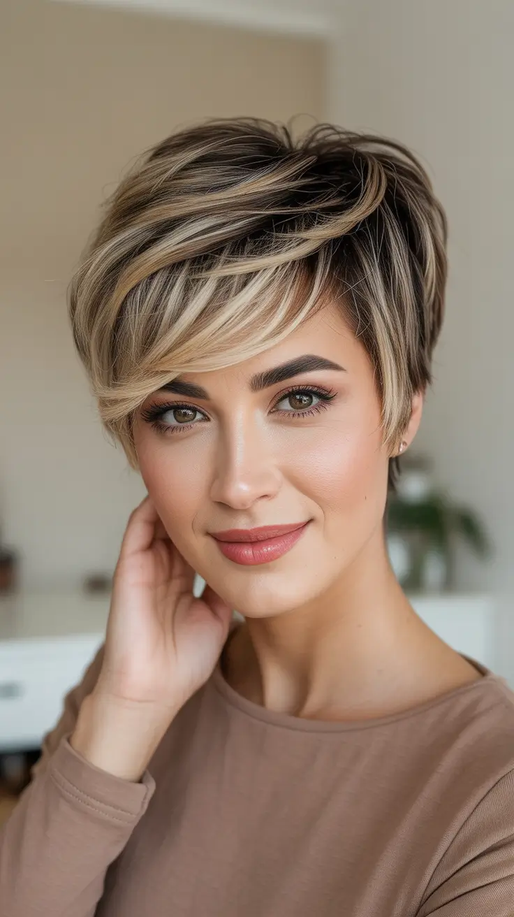 Short haircut ideas 2026 Brunette Pixie Crop With Bright Face-Framing Highlights