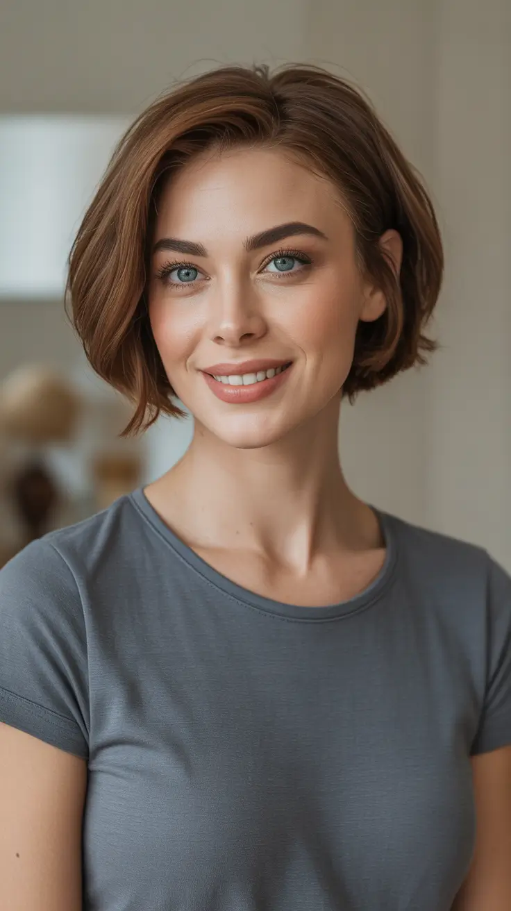 Short haircut ideas 2026 Soft Side-Part Bob With Chestnut Shine