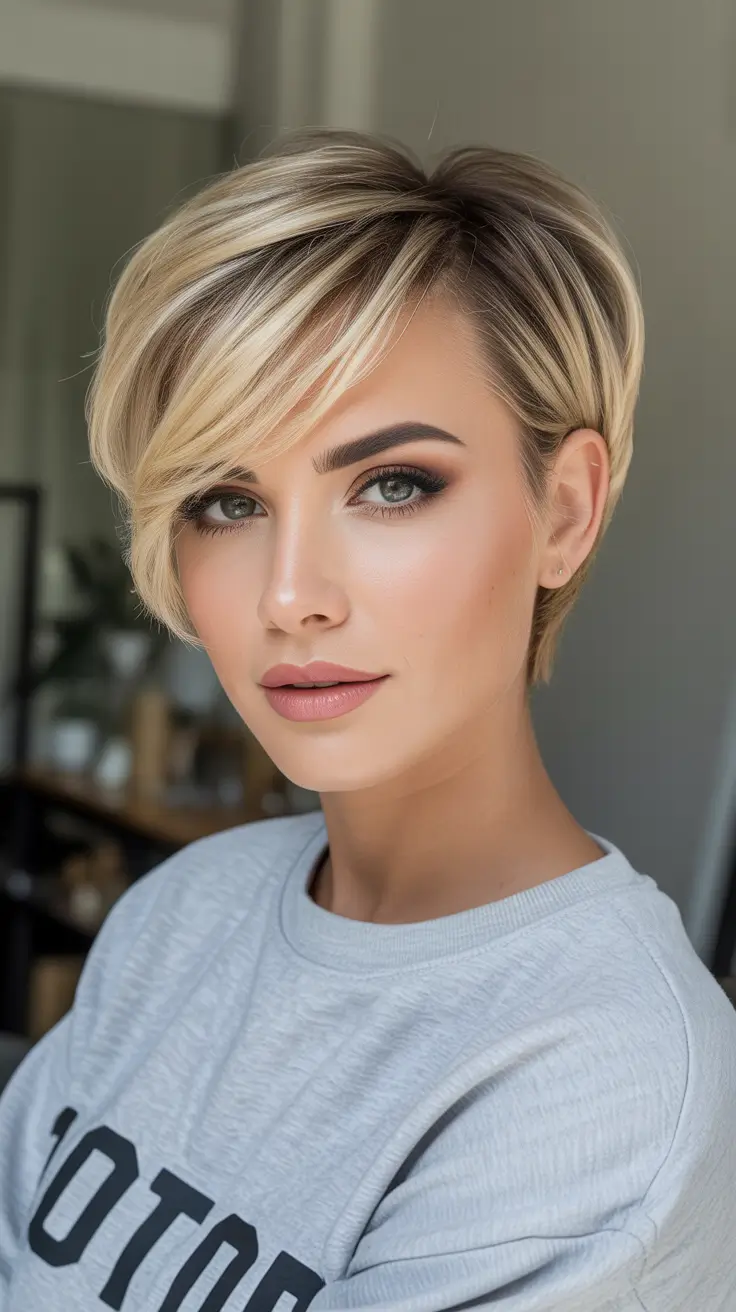 Short haircut ideas 2026 Bright Blonde Long Pixie With Side-Swept Fringe