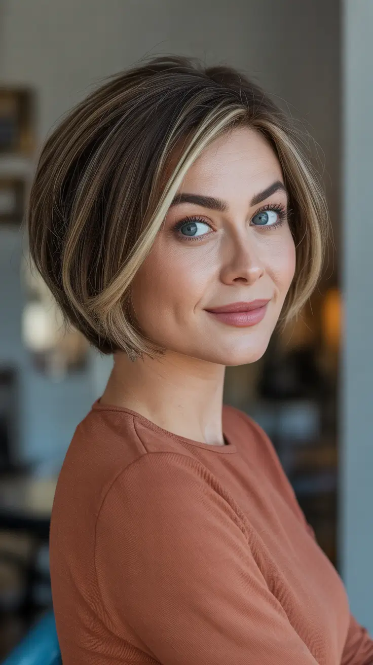 Short haircut ideas 2026 Rounded Voluminous Bob With Money-Piece Contrast