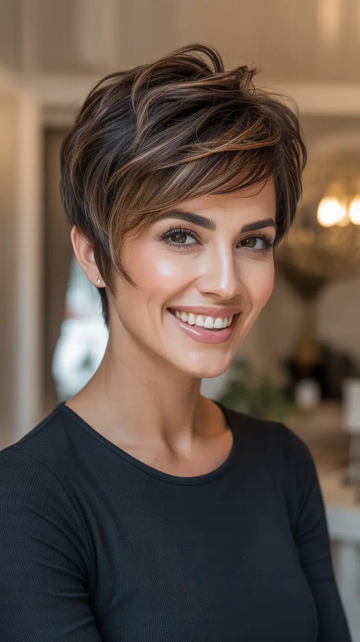 Stylish Short Haircuts 2026 - Soft Brunette Pixie With Caramel Sweep