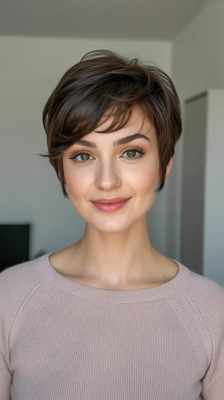 Stylish Short Haircuts 2026 Soft Chocolate Pixie With Gentle Side Sweep