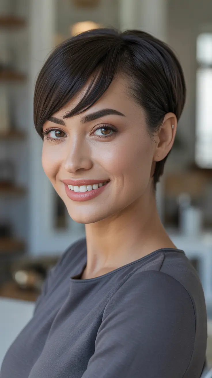 Stylish Short Haircuts 2026 - Glossy Side Fringe Pixie For Fine Hair