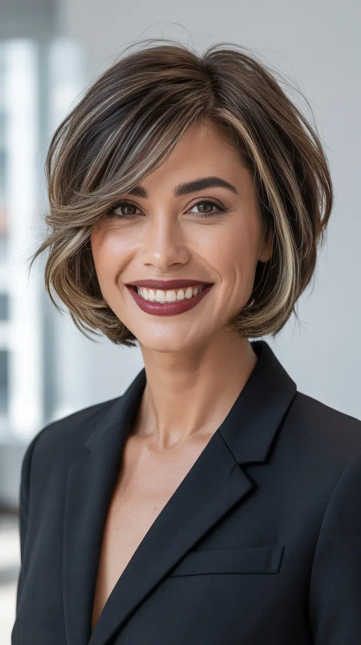 Stylish Short Haircuts 2026 Dimensional Balayage Bob With Business Chic Edge