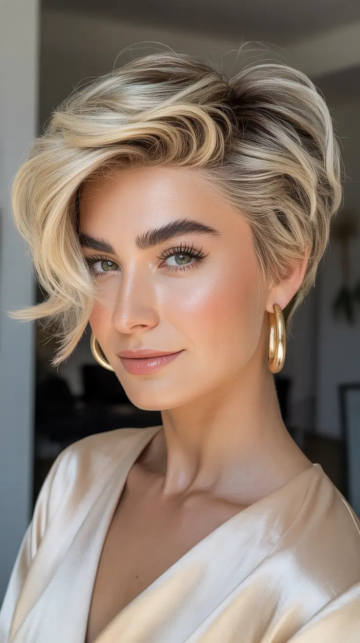 Stylish Short Haircuts 2026 - Textured Blonde Crop With Glam Volume