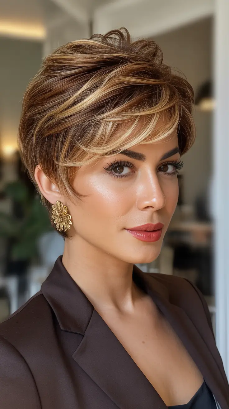 Stylish Short Haircuts 2026 Sculpted Caramel Pixie With Power Layers