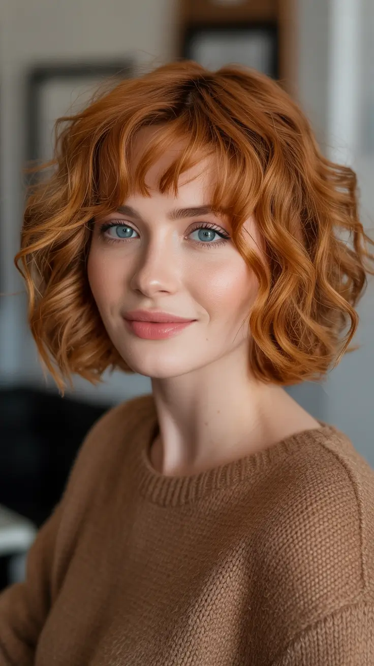 Stylish Short Haircuts 2026 Textured Copper Bob With Soft Fringe