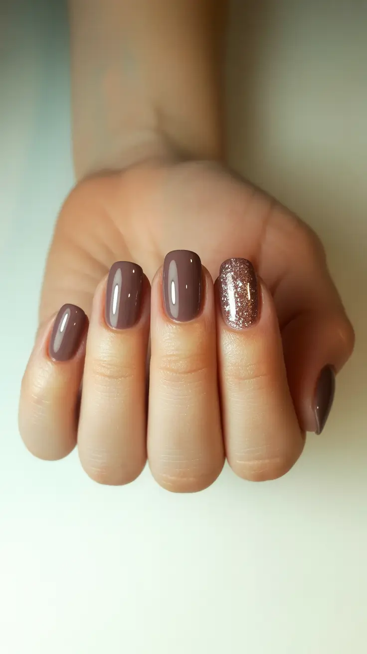 stylish short nails 2026 Soft Taupe With Glitter Accent
