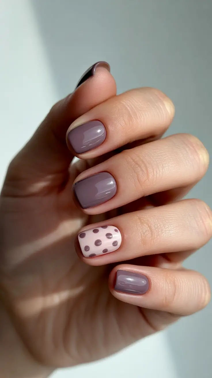 stylish short nails 2026 - Soft Mauve Polka Dot Short Nails
