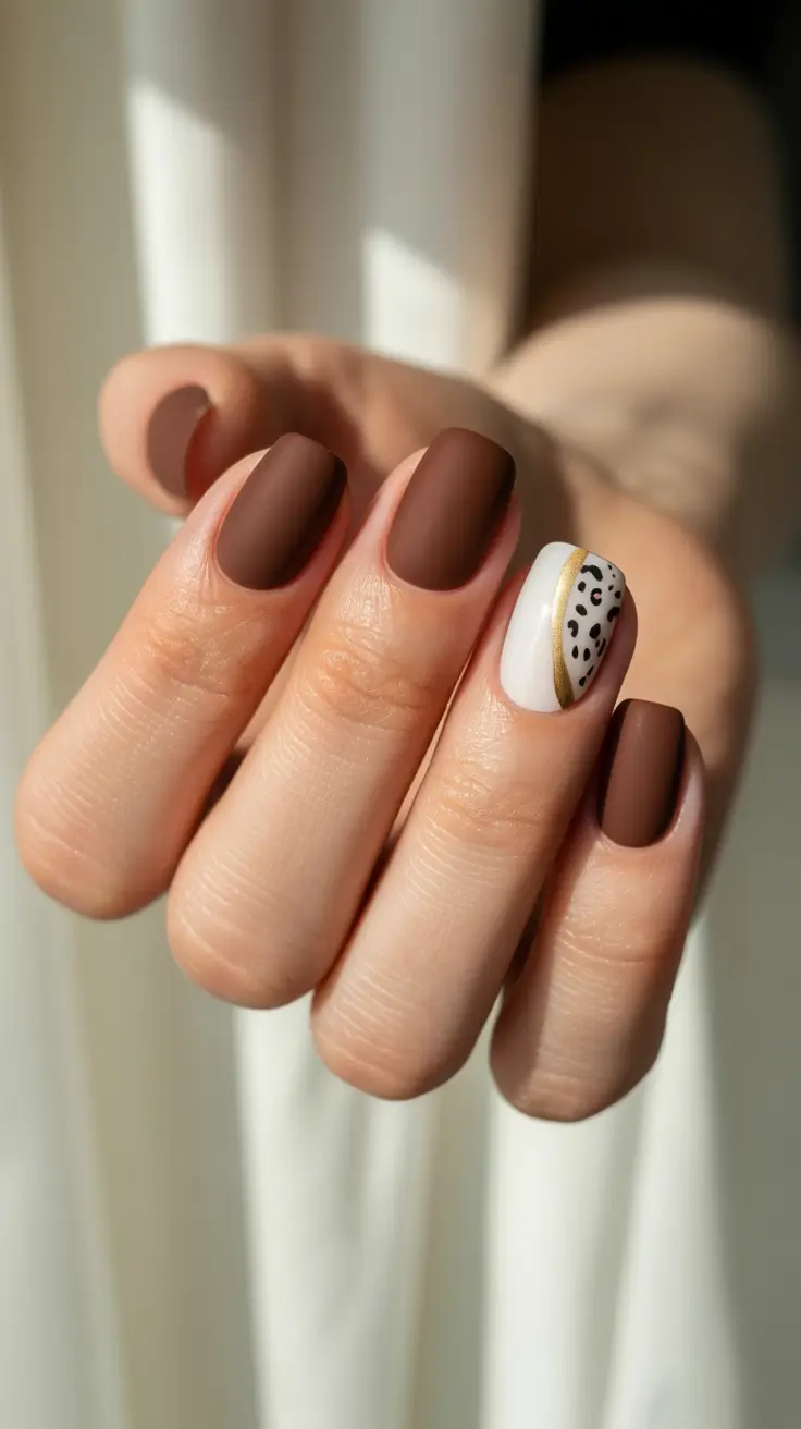 stylish short nails 2026 - Matte Cocoa Leopard Accent Nails