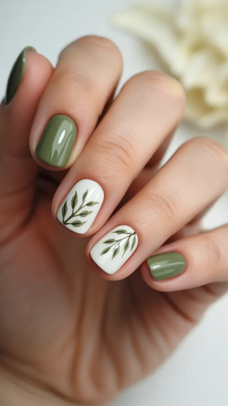 stylish short nails 2026 - Olive Leafy Botanical Short Nails