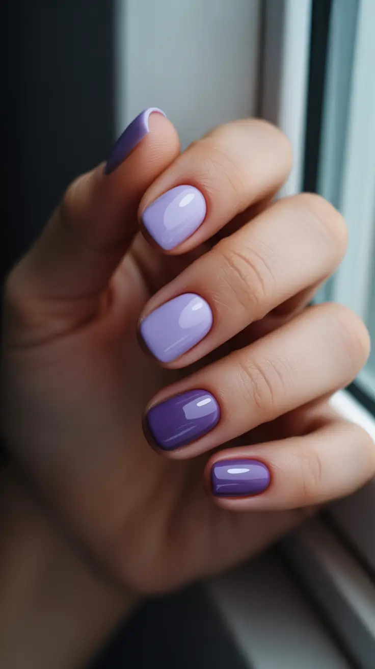 stylish short nails 2026 Layered Lilac Gradient Short Nails