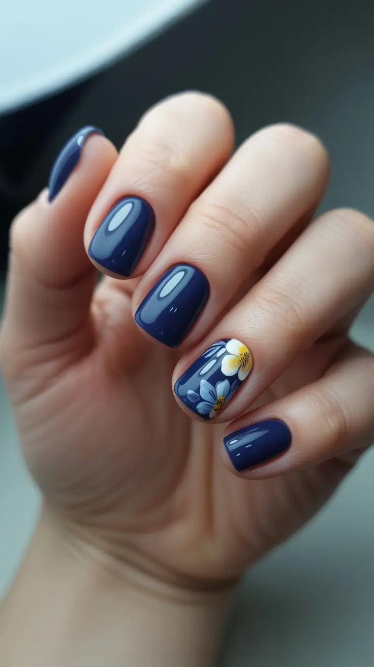 stylish short nails 2026 Deep Navy Florals On Short Nails