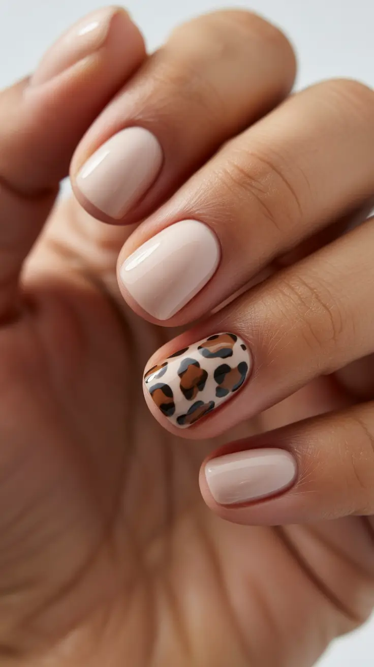 stylish short nails 2026 Soft Nude With Leopard Accent