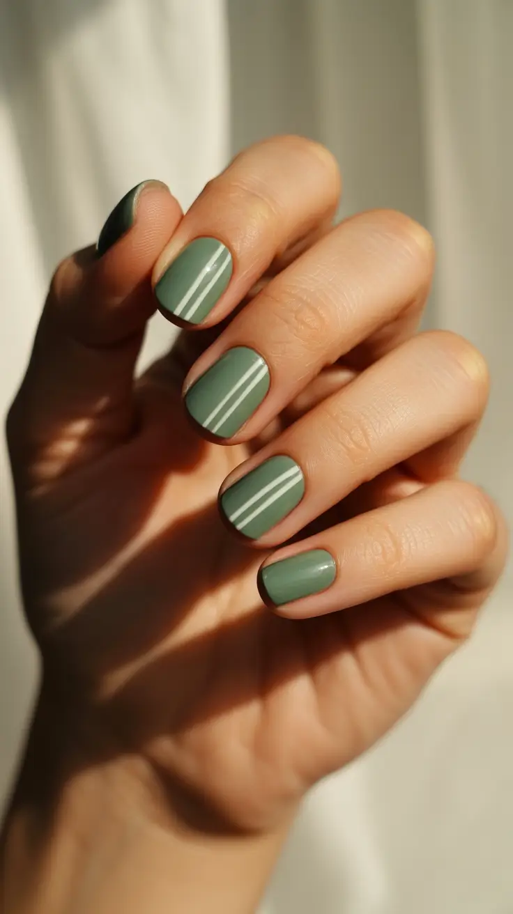 stylish short nails 2026 Sage Green Stripe Short Nails